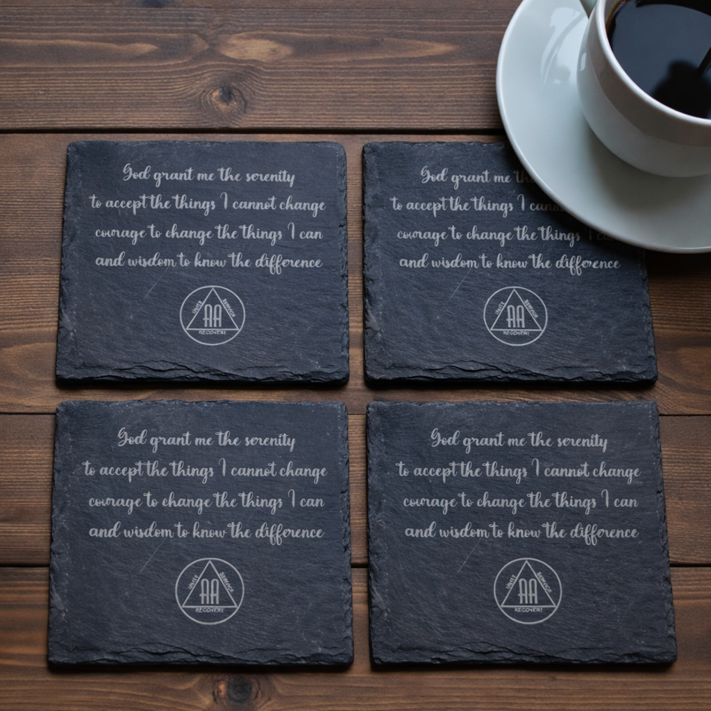 Serenity Prayer Slate Coasters Set of 4 Sobriety Gift AA/NA Recovery Inspirational Engraved Stone Coasters Home Decor