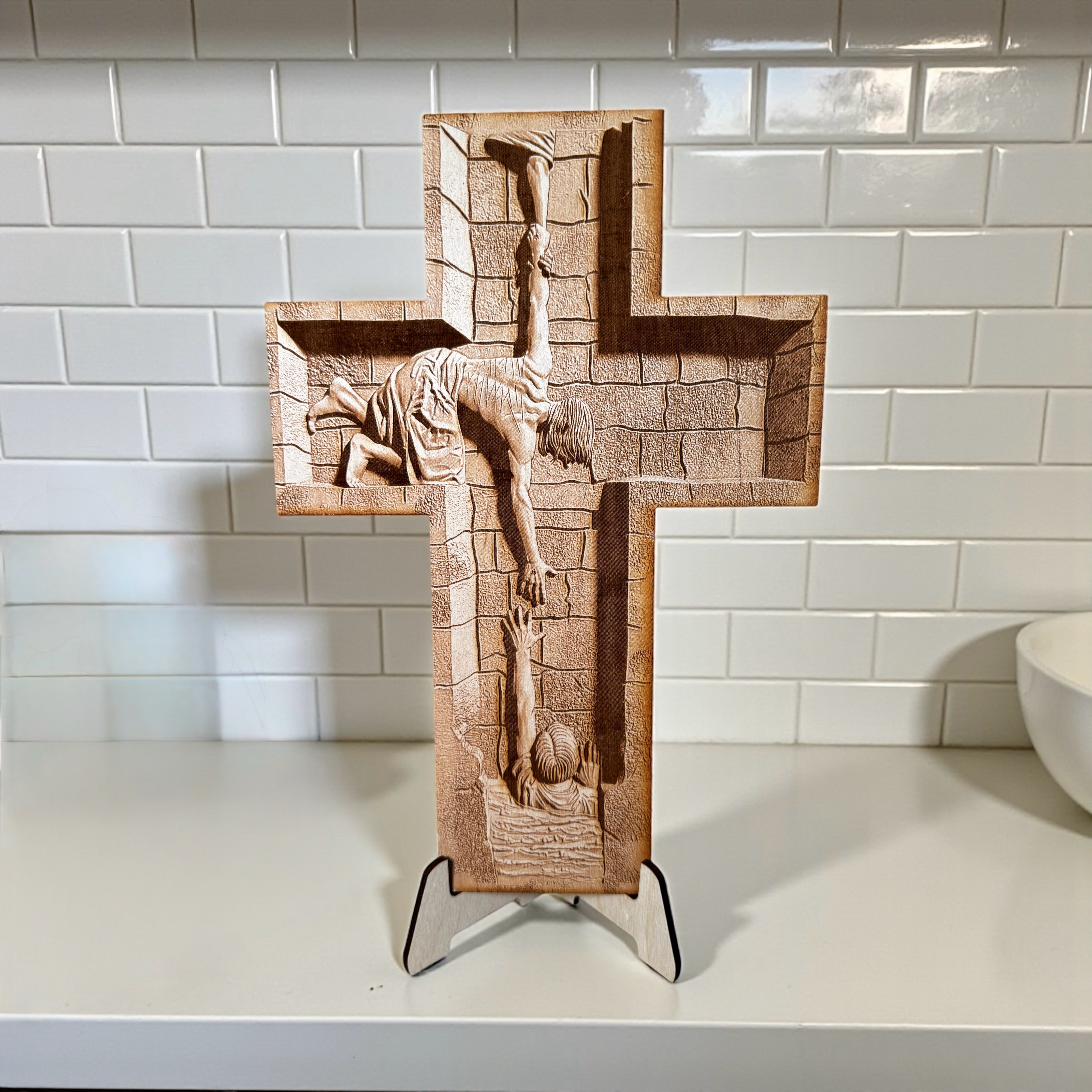 Jesus Reaching Cross – Christian Recovery Wall Art | Faith & Sobriety Gift | Laser Engraved 3D Effect