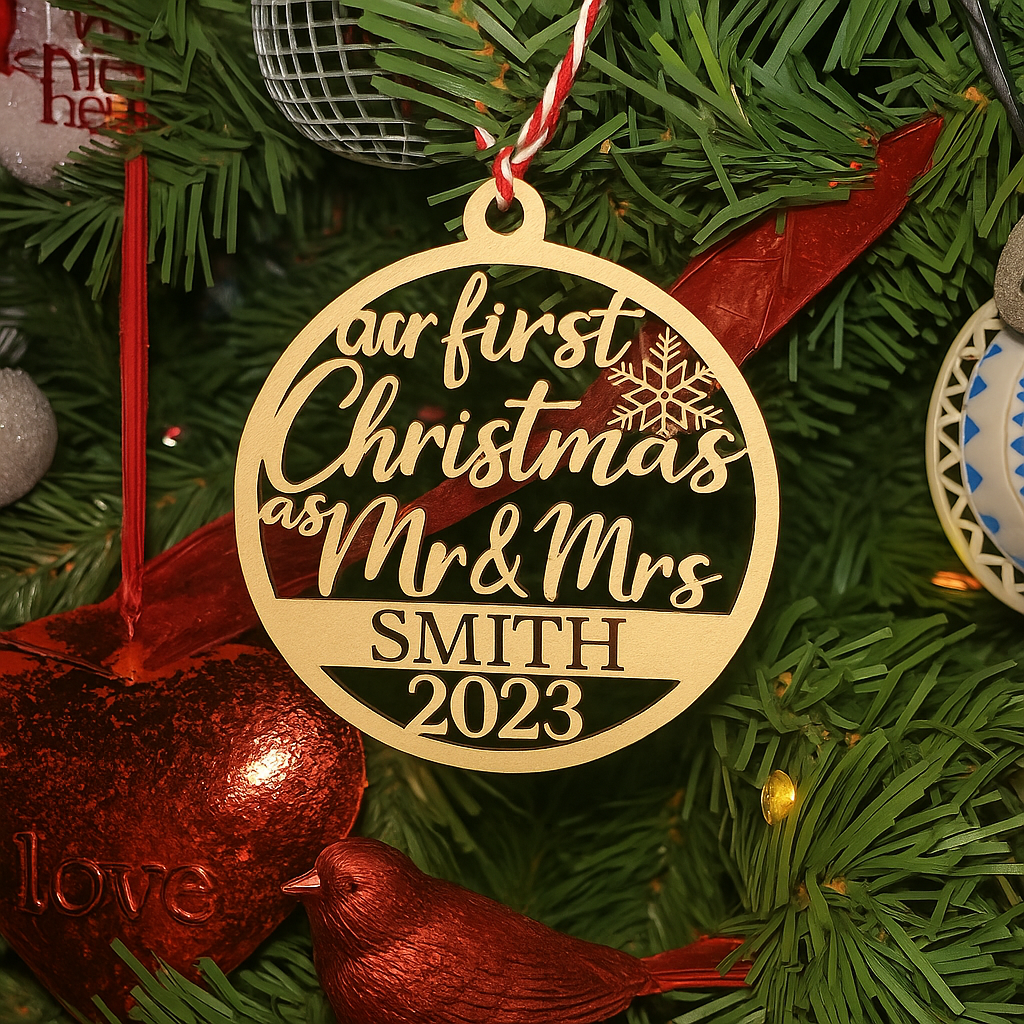 First Christmas as Mr. & Mrs. Ornament – Personalized Wedding Ornament (Natural or White Wood)