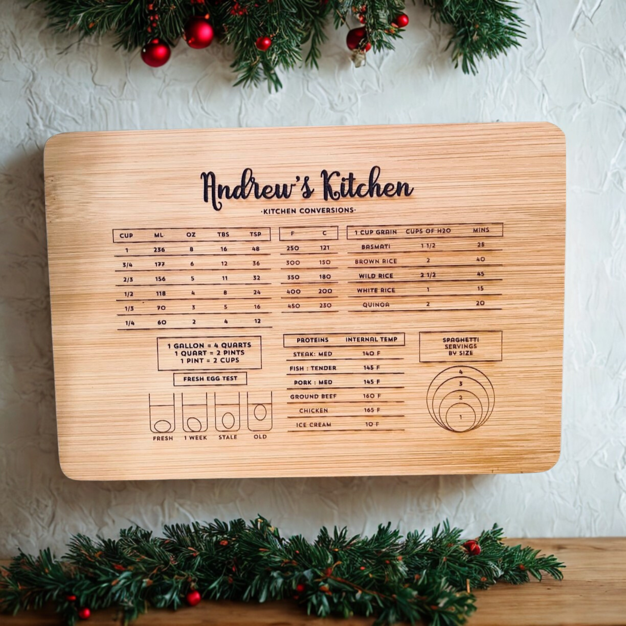 Personalized kitchen conversion cutting board with engraved name – custom Christmas gift for cooks and bakers.
