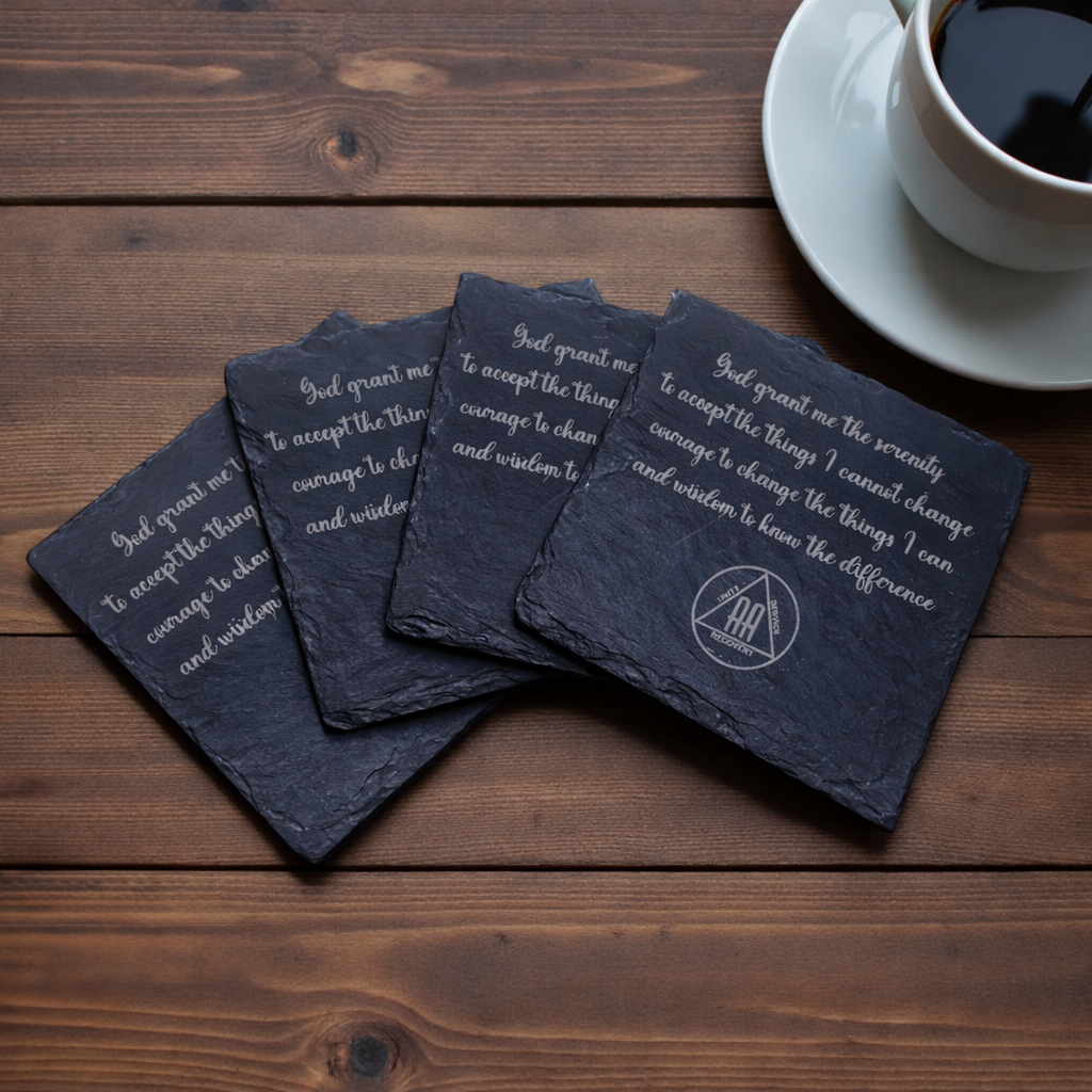 Serenity Prayer Slate Coasters Set of 4 Sobriety Gift AA/NA Recovery Inspirational Engraved Stone Coasters Home Decor