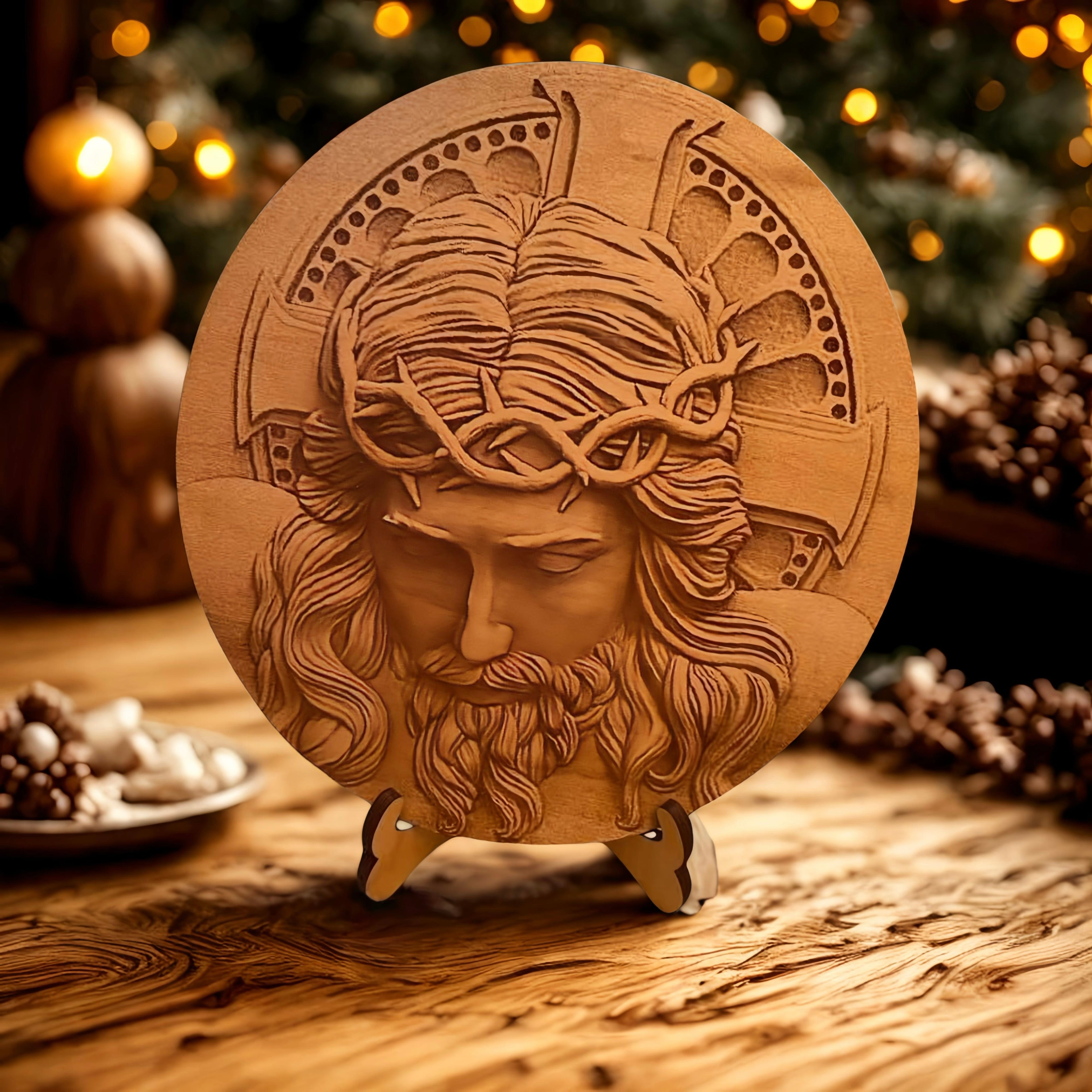 3D Laser Engraved Jesus Decorative Wood Round • 9” Engrave with Stand