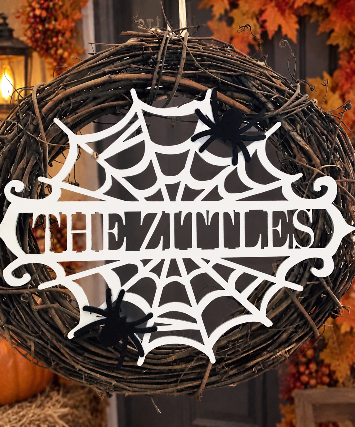 Personalized Halloween Spiderweb Wreath | Custom Family Name Door Decor