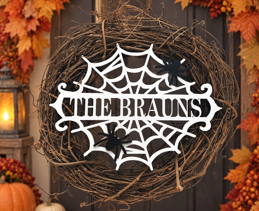 Personalized Halloween Spiderweb Wreath | Custom Family Name Door Decor