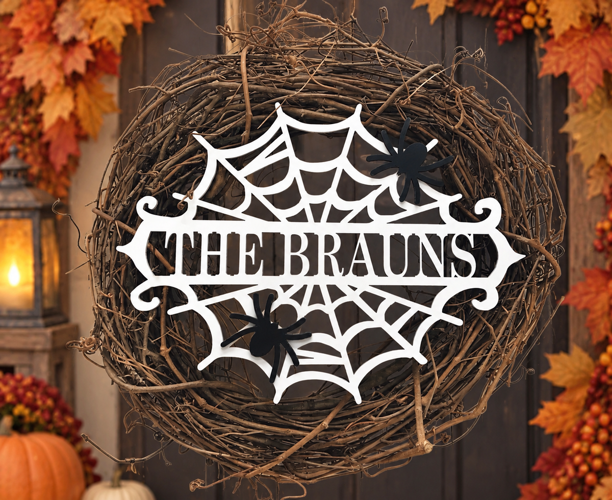 Personalized Halloween Spiderweb Wreath | Custom Family Name Door Decor
