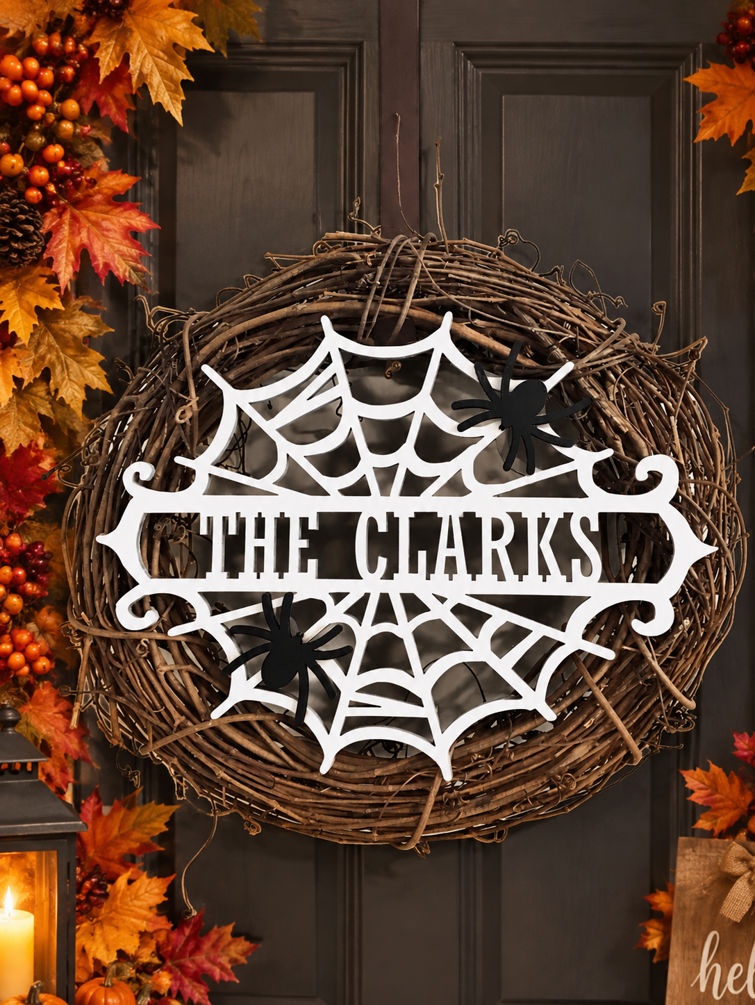 Personalized Halloween Spiderweb Wreath | Custom Family Name Door Decor