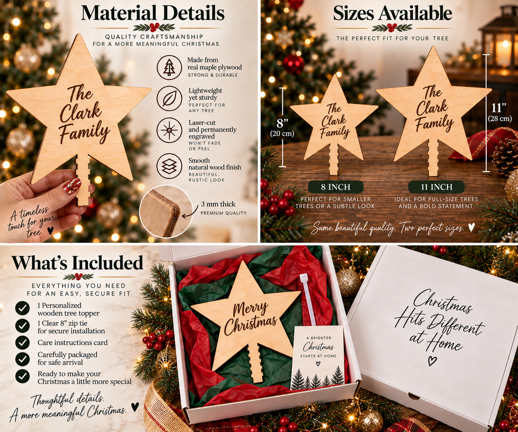 Personalized Wooden Christmas Tree Topper | Custom Family Star