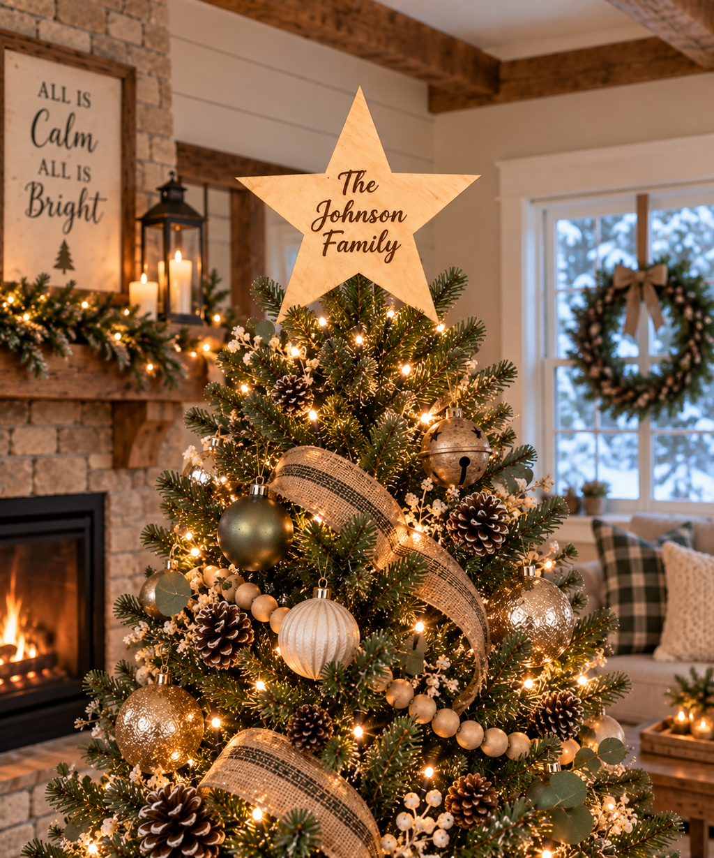 Personalized Wooden Christmas Tree Topper | Custom Family Star
