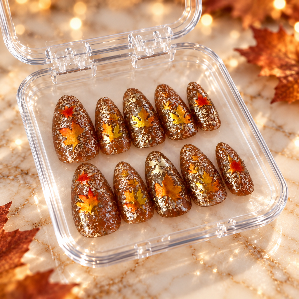 Falling Glitter Handmade Fall Leaf Gel Press-On Nails
