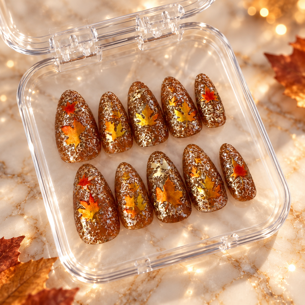 Falling Glitter Handmade Fall Leaf Gel Press-On Nails