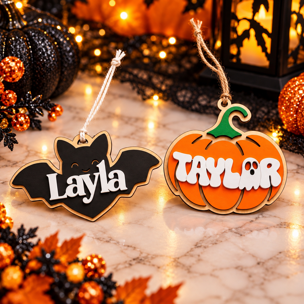 Personalized Halloween Basket Tag – Custom Name Bat or Pumpkin