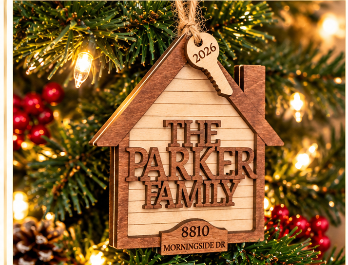 Personalized Family Christmas Ornament, Custom Address Ornament, New Home Christmas Gift, Wooden House Ornament, Family Keepsake