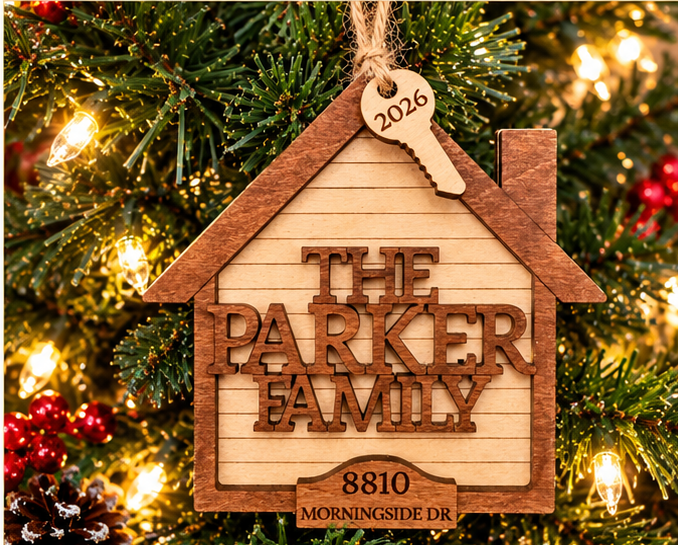 Personalized Family Christmas Ornament, Custom Address Ornament, New Home Christmas Gift, Wooden House Ornament, Family Keepsake