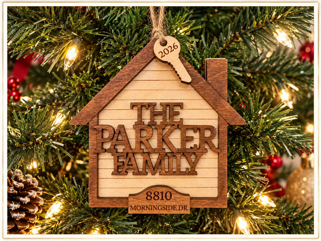 Personalized Family Christmas Ornament, Custom Address Ornament, New Home Christmas Gift, Wooden House Ornament, Family Keepsake