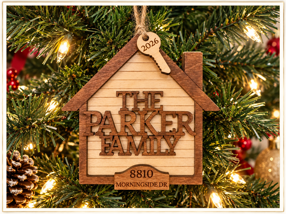 Personalized Family Christmas Ornament, Custom Address Ornament, New Home Christmas Gift, Wooden House Ornament, Family Keepsake