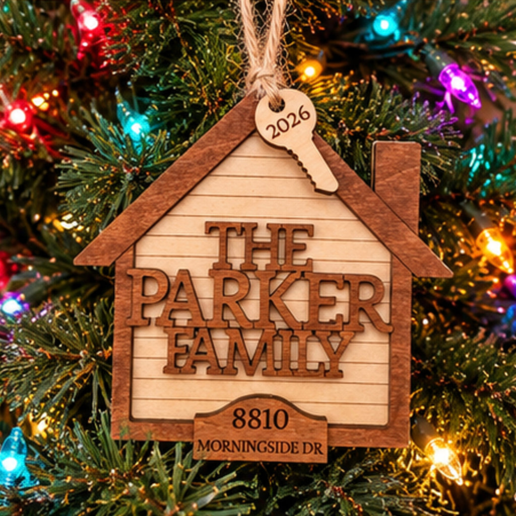Personalized Family Christmas Ornament, Custom Address Ornament, New Home Christmas Gift, Wooden House Ornament, Family Keepsake
