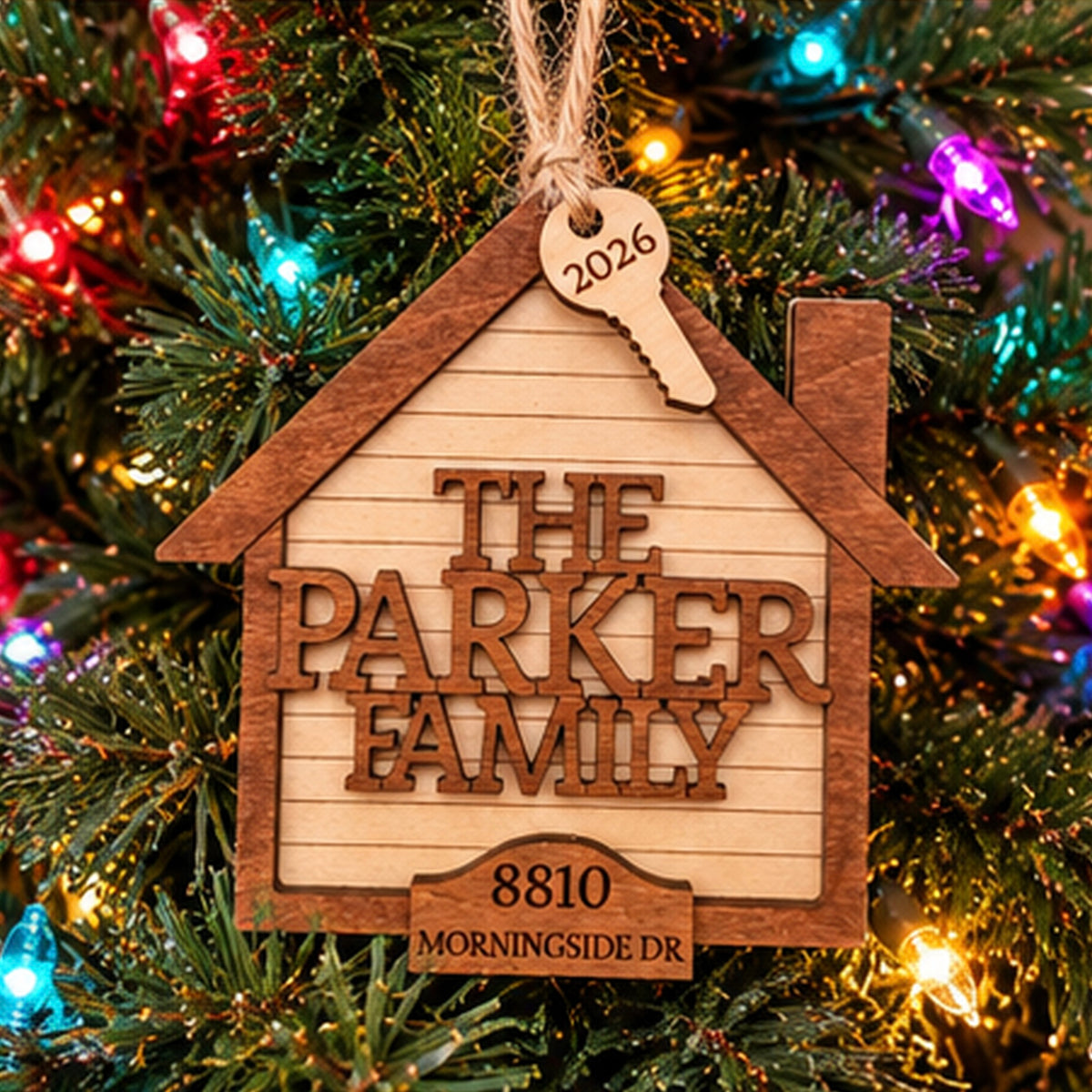 Personalized Family Christmas Ornament, Custom Address Ornament, New Home Christmas Gift, Wooden House Ornament, Family Keepsake