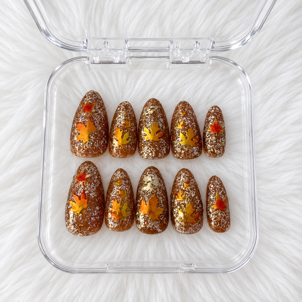 Falling Glitter Handmade Fall Leaf Gel Press-On Nails
