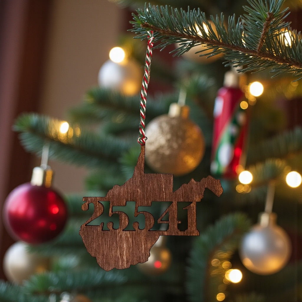 Custom State Zip Code Ornament – Personalized State Outline Christmas Ornament – ZIP Code Gift – Laser Cut Walnut or Natural Wood – State Keepsake