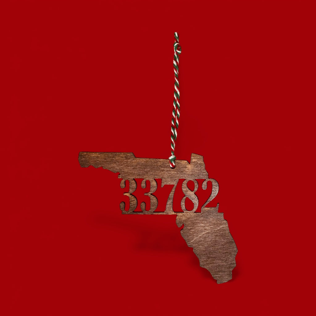 Custom State Zip Code Ornament – Personalized State Outline Christmas Ornament – ZIP Code Gift – Laser Cut Walnut or Natural Wood – State Keepsake