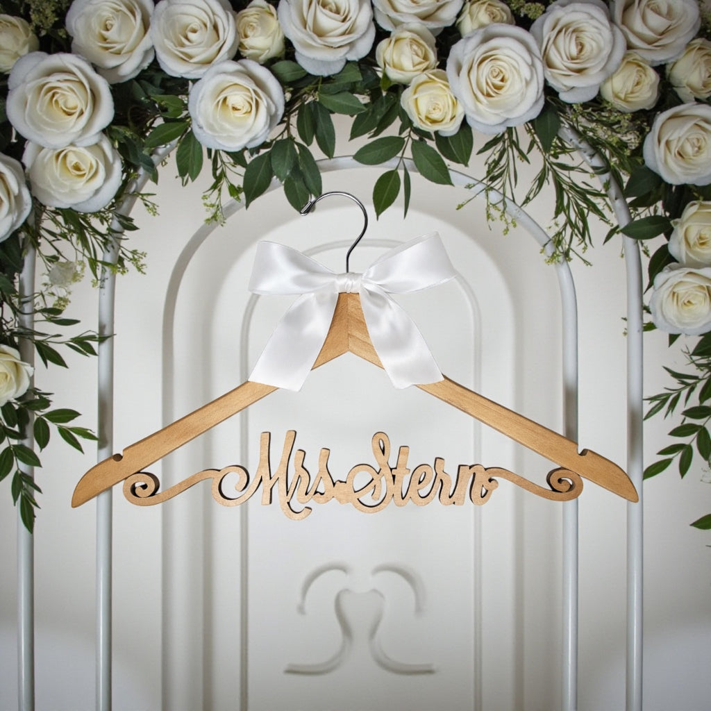 Custom Personalized Wood Wedding Hanger Custom Swirl Ornate Name Wedding Dress Bride Keepsake