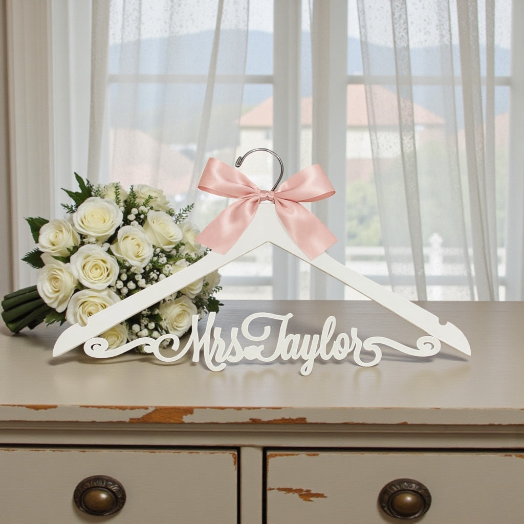 Custom Personalized Wood Wedding Hanger Custom Swirl Ornate Name Wedding Dress Bride Keepsake