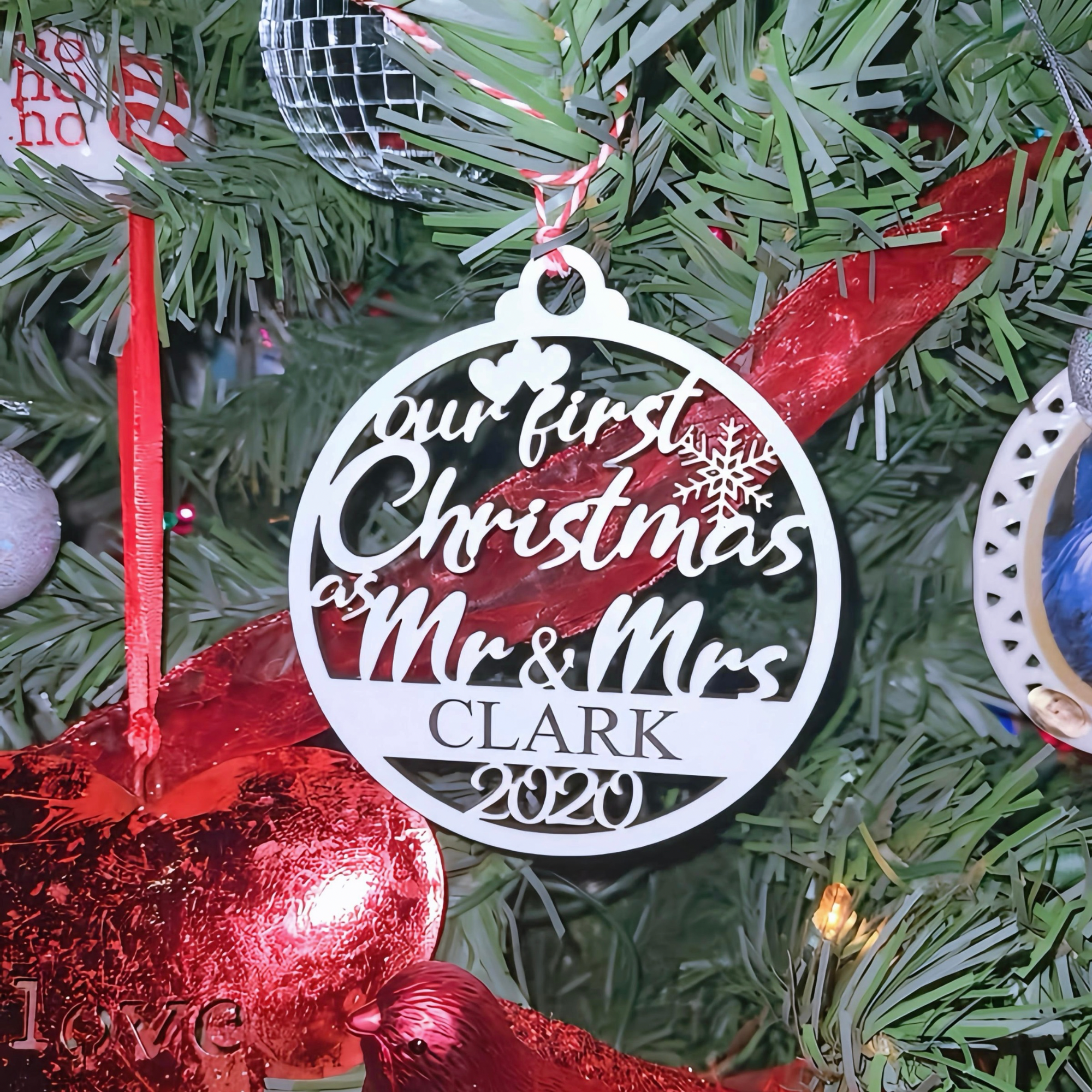 First Christmas as Mr. & Mrs. Ornament – Personalized Wedding Ornament (Natural or White Wood)