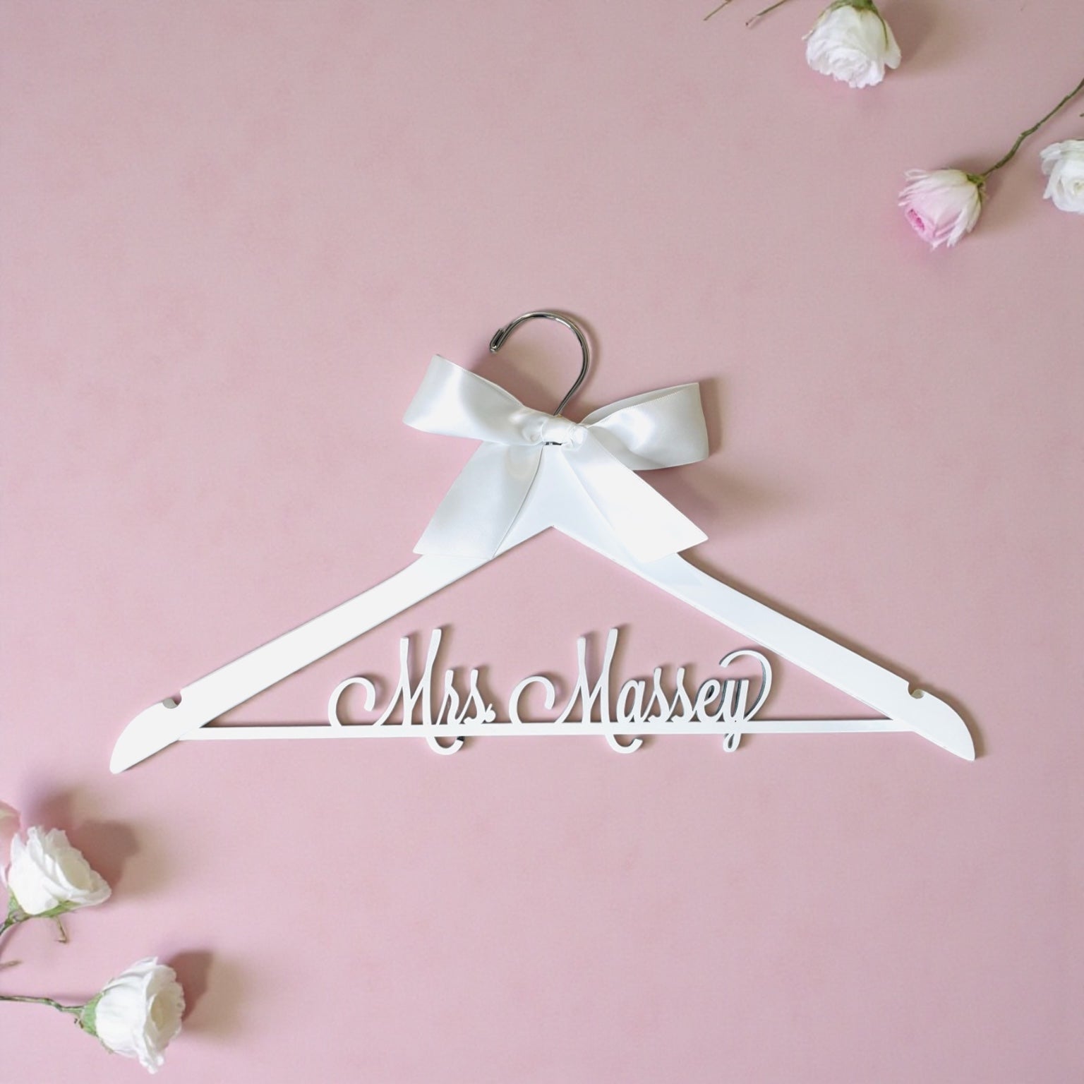 White wedding dress hanger white name bar