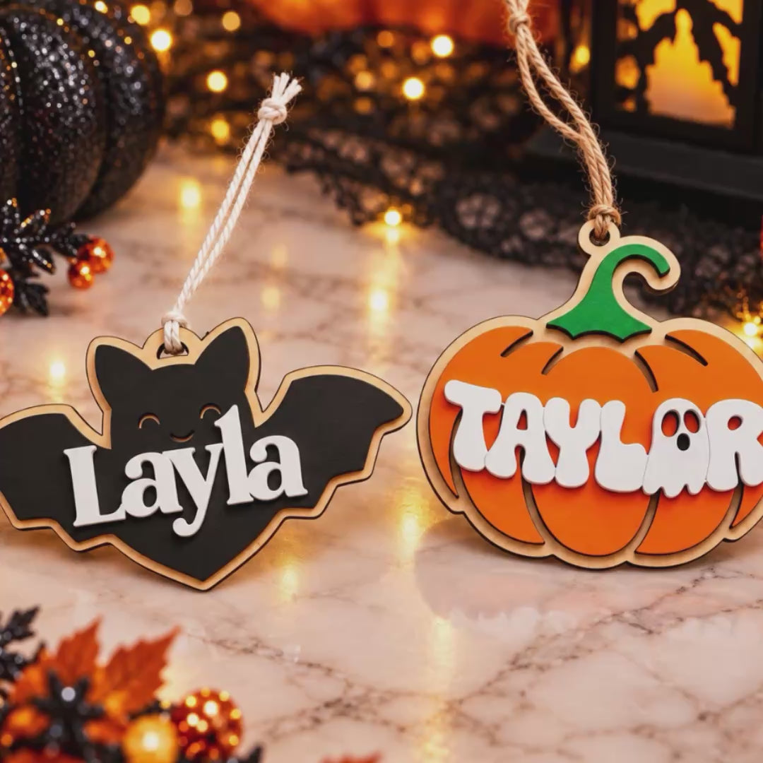 Personalized Halloween Basket Tag – Custom Name Bat or Pumpkin